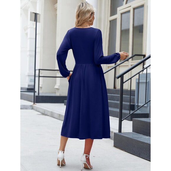 Zeagoo Women Navy 2 Long Sleeve Flowy A-Line Boho Long Dress with Pockets - Picture 4 of 6